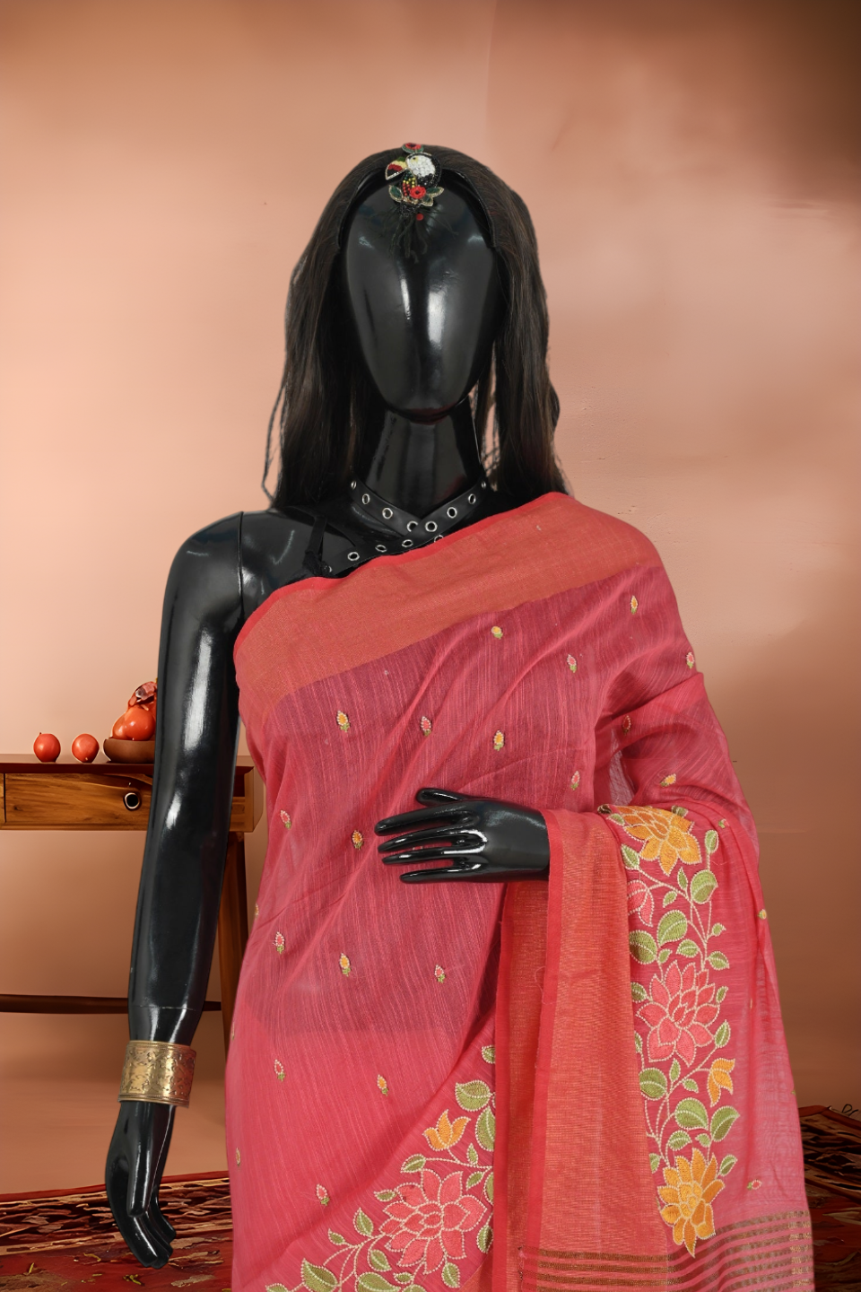 Slub Cotton Embroidered Saree