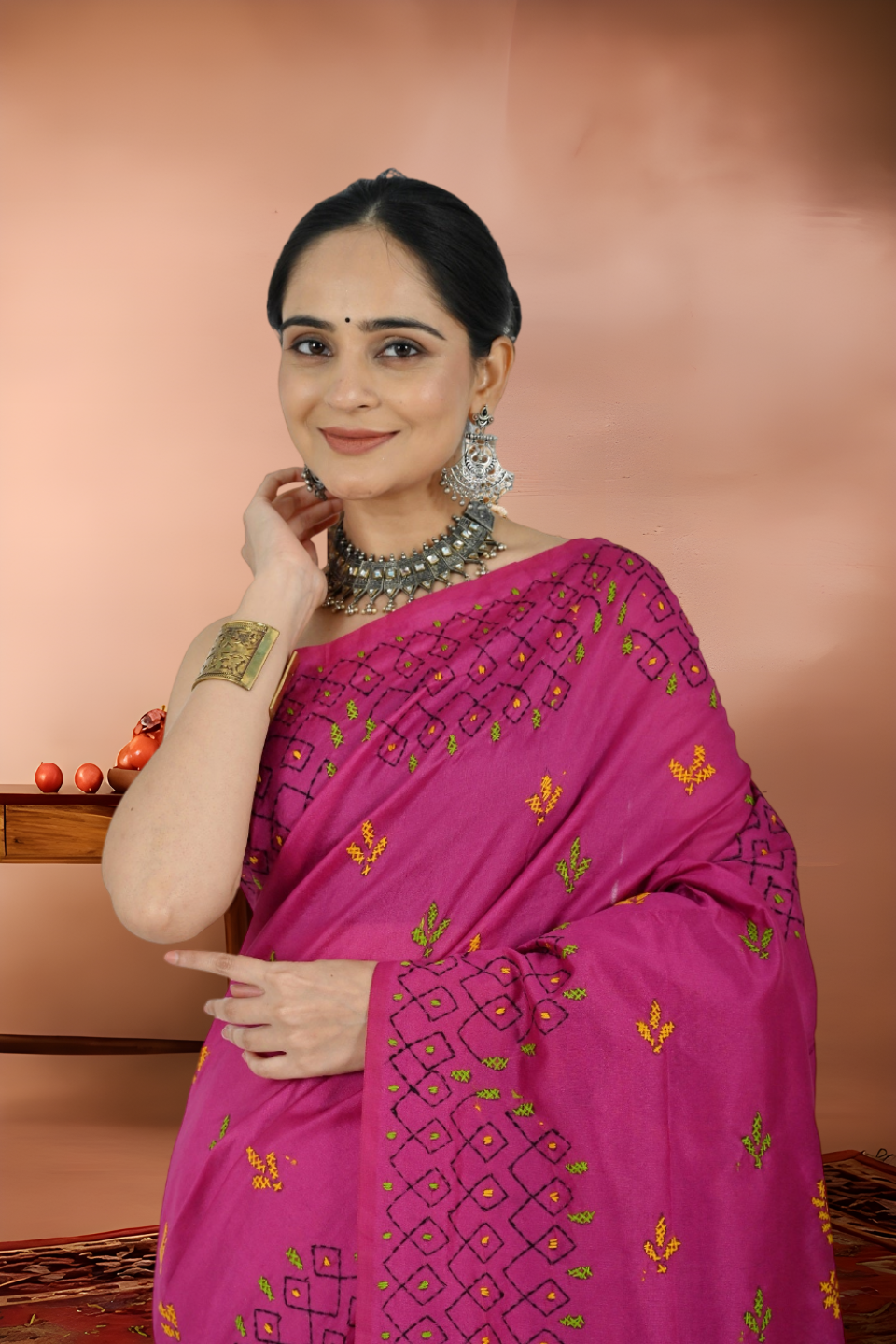 Kantha Stitch Tussar Saree in Tant Handloom