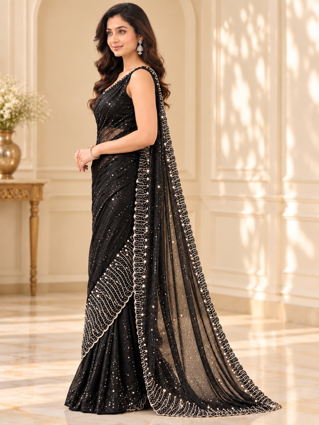 Boutique Chiffon Black Saree