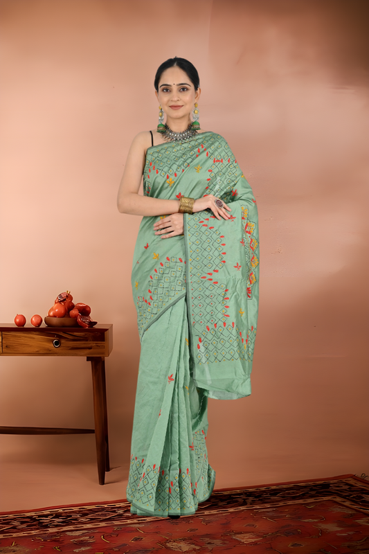 Tussar Kantha Stitch Saree