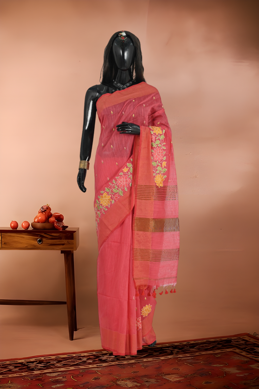 Slub Cotton Embroidered Saree