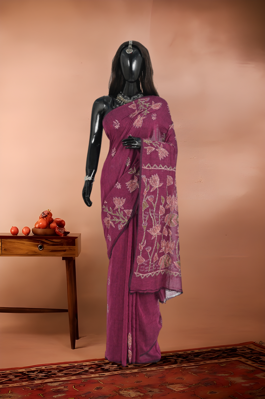 Mull Cotton Pure Kantha Stitch Saree