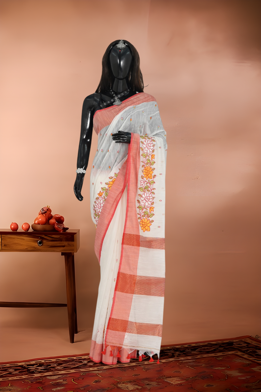 Slub Cotton Saree with Flower Motif