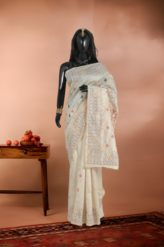 Pure Tant Handloom Kantha Stitch Saree