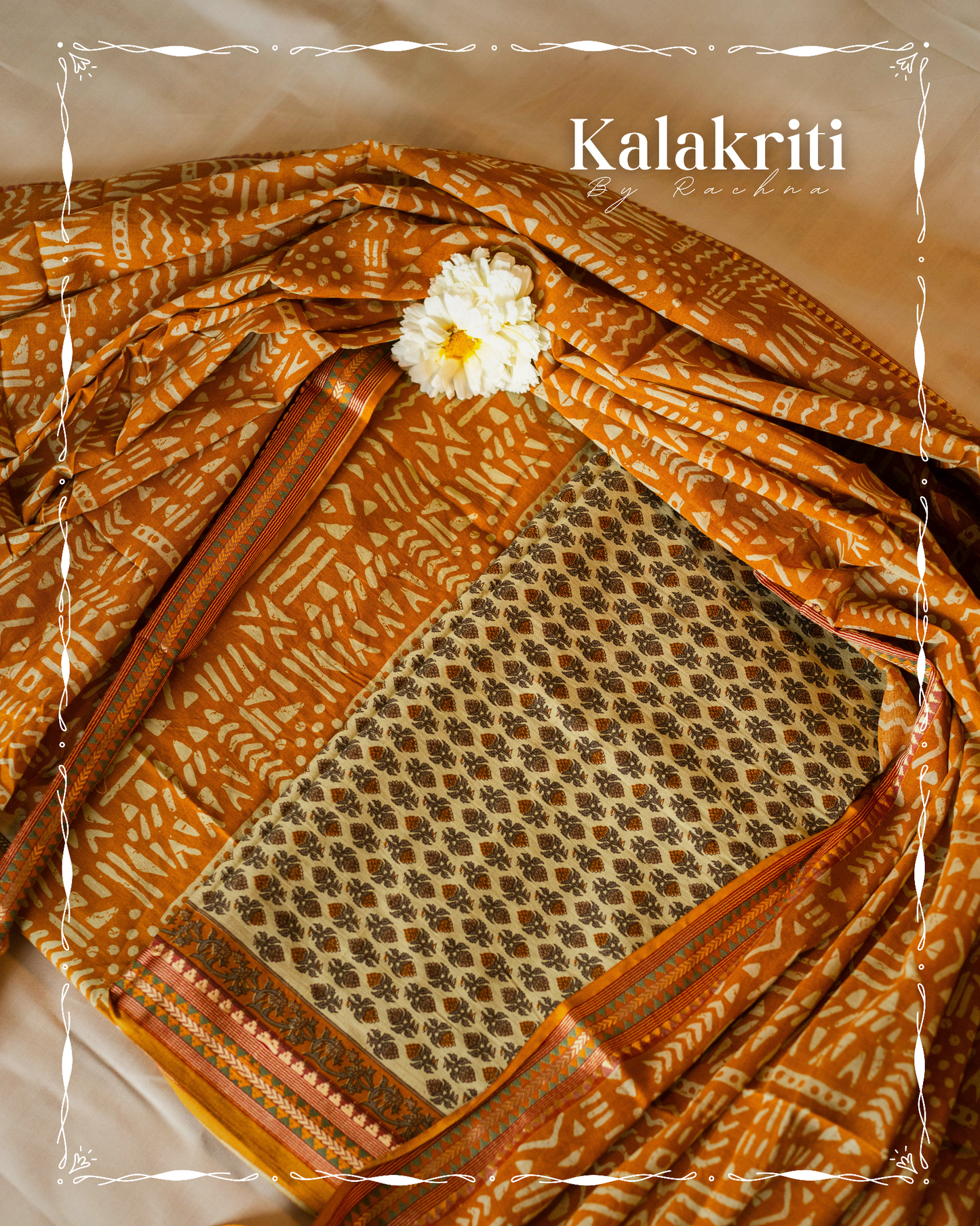 Pure Cotton Bagru Print Suit Set in Beige & Green Tones