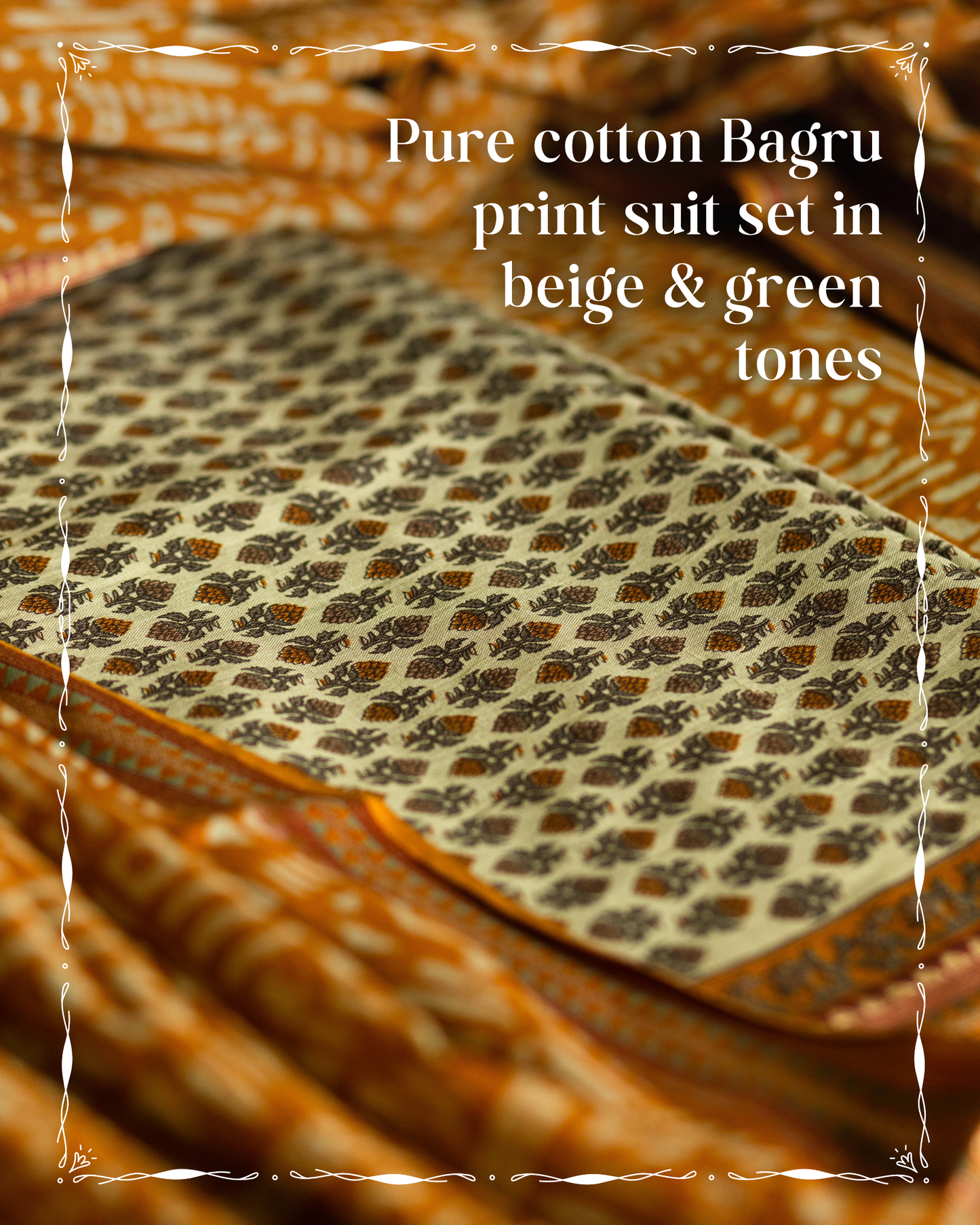 Pure Cotton Bagru Print Suit Set in Beige & Green Tones