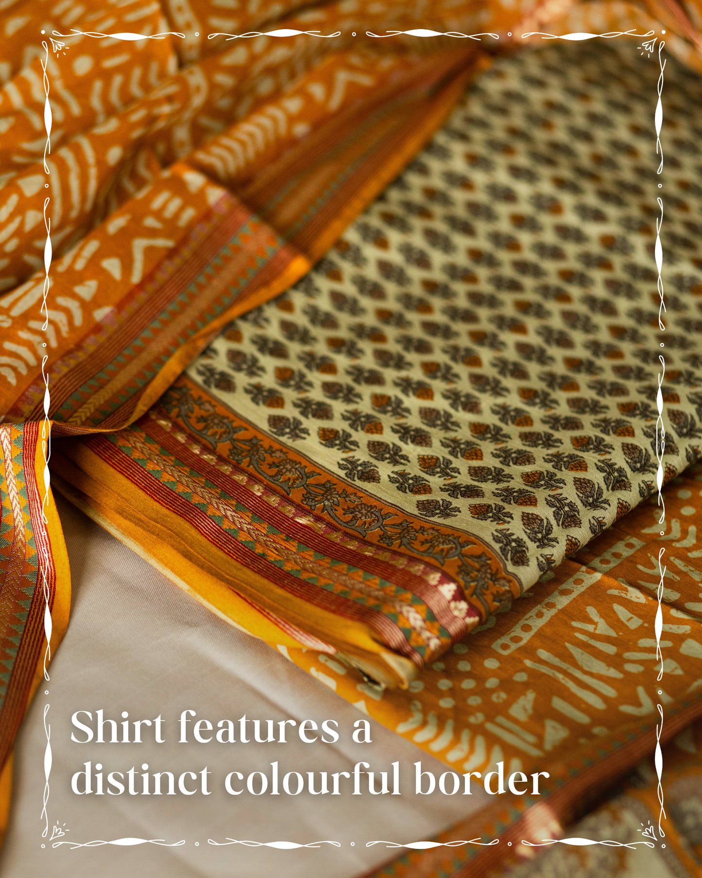 Pure Cotton Bagru Print Suit Set in Beige & Green Tones