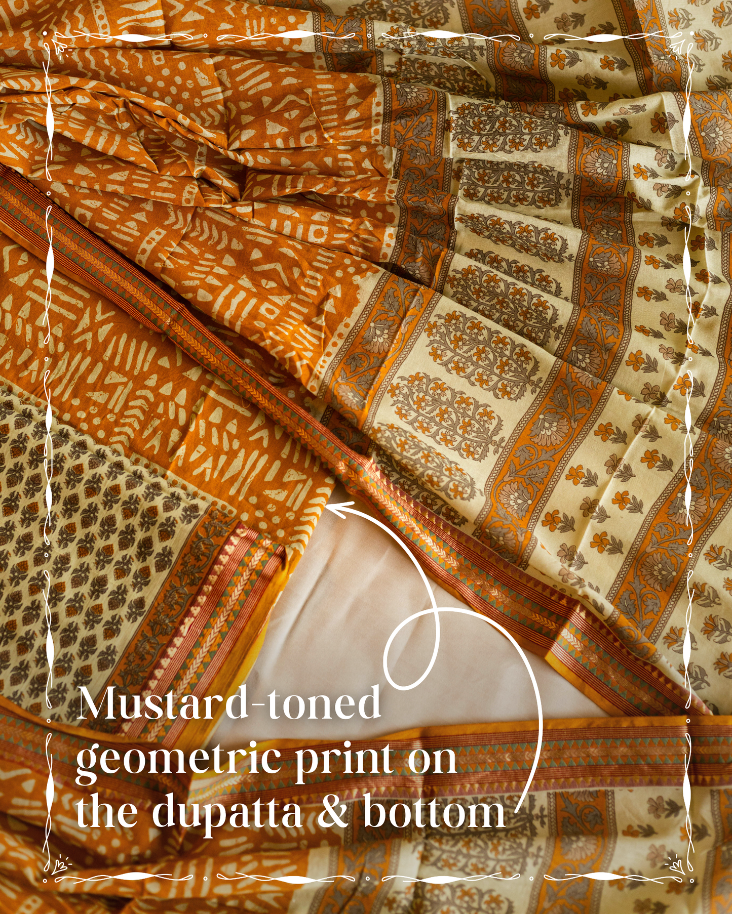 Pure Cotton Bagru Print Suit Set in Beige & Green Tones