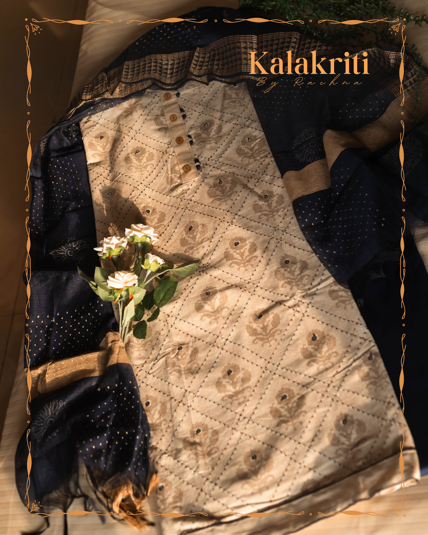 Khadi Cotton Kantha Work Suit in an Elegant Beige Shade