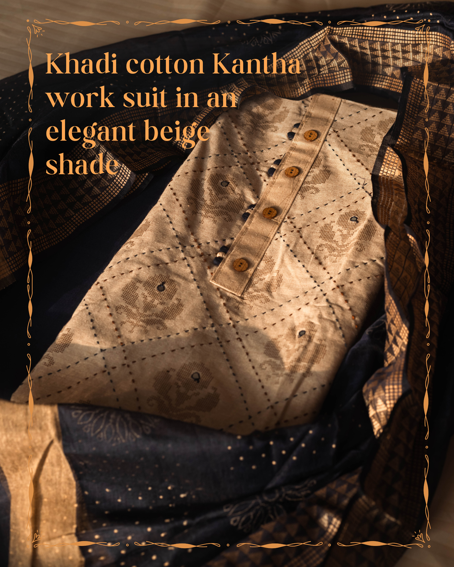 Khadi Cotton Kantha Work Suit in an Elegant Beige Shade