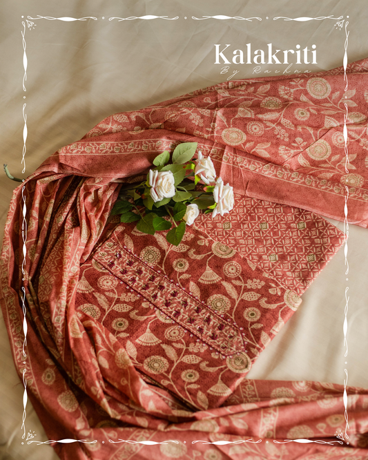 Brick Colour Muslin Cotton Suit with Delicate Floral Print