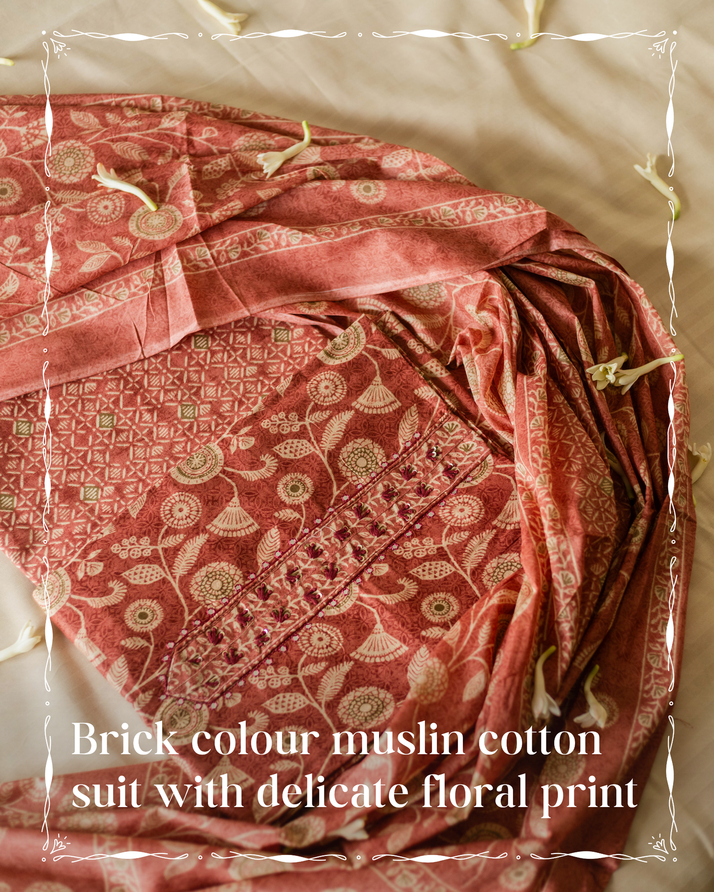 Brick Colour Muslin Cotton Suit with Delicate Floral Print