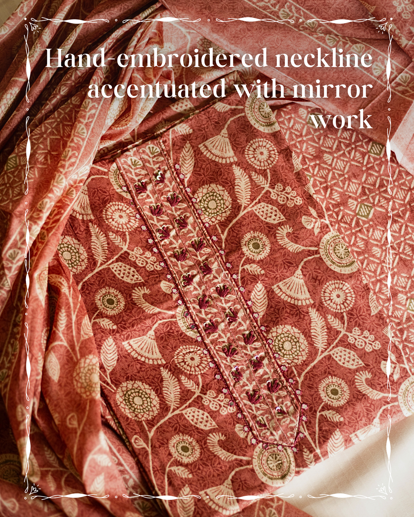 Brick Colour Muslin Cotton Suit with Delicate Floral Print