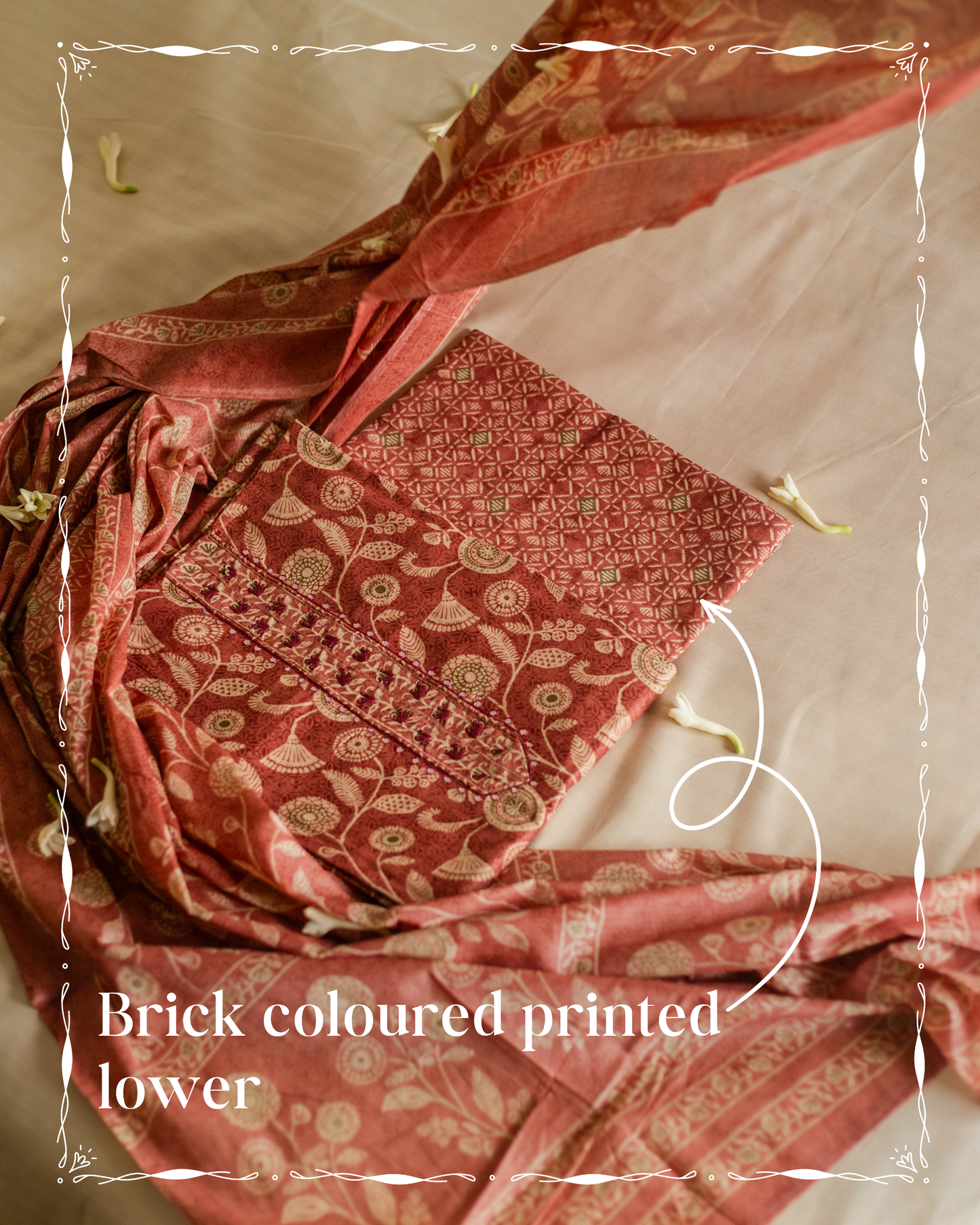 Brick Colour Muslin Cotton Suit with Delicate Floral Print