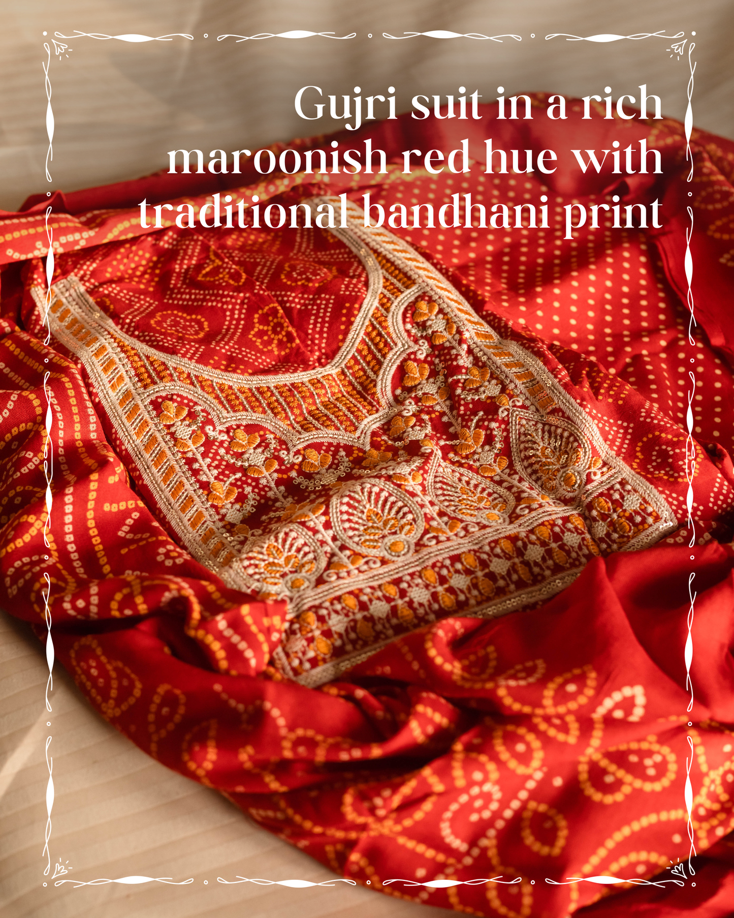 Gujri suit in a rich maroonish red hue with traditional bandhani print