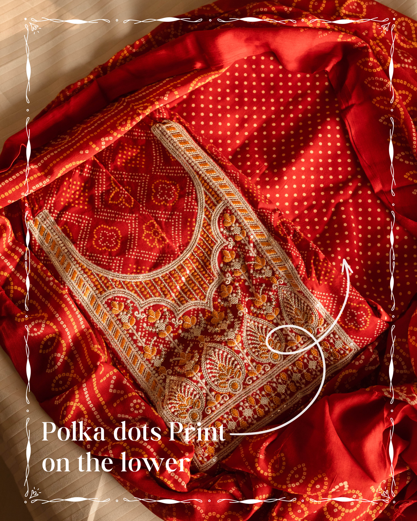 Gujri suit in a rich maroonish red hue with traditional bandhani print