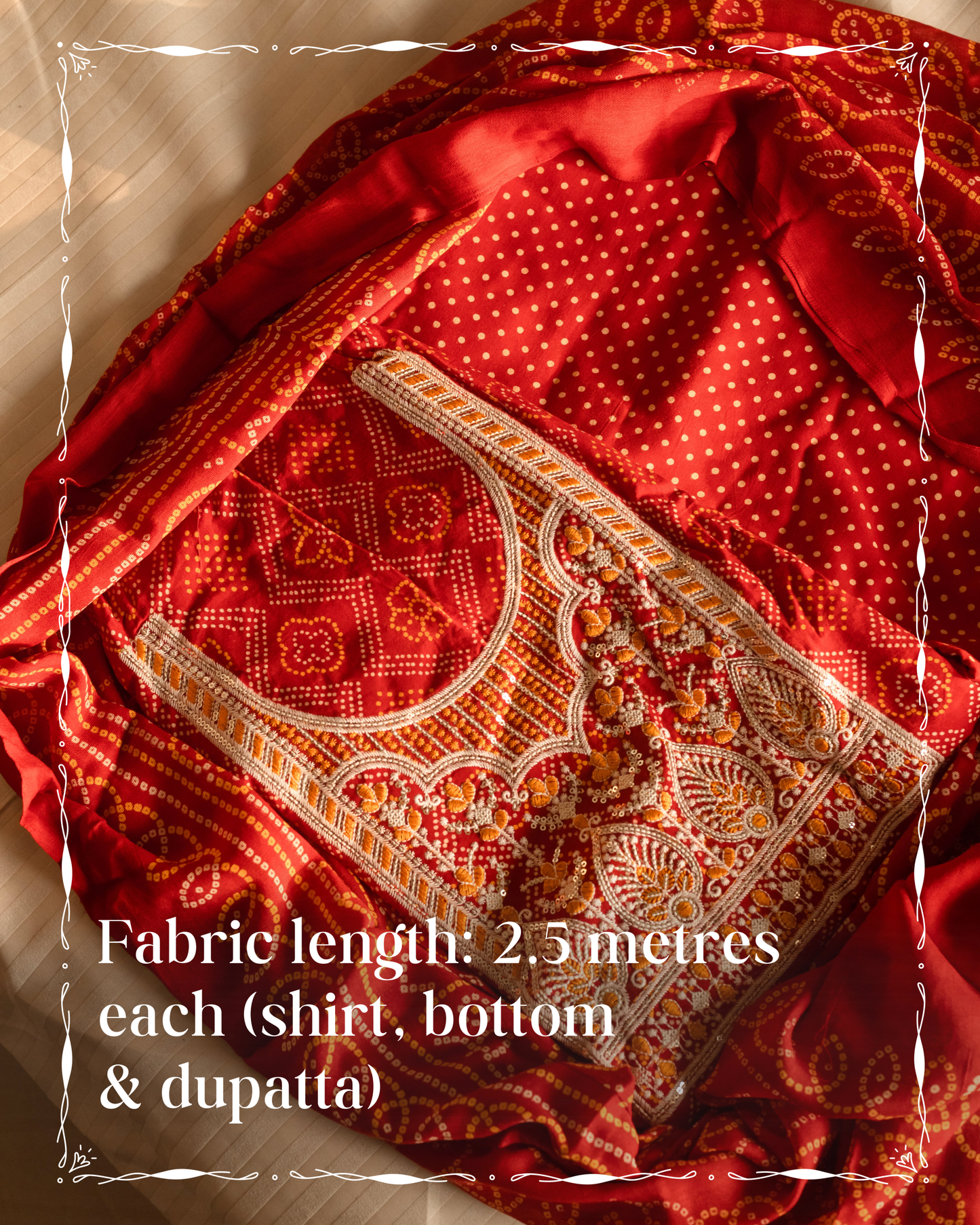 Gujri suit in a rich maroonish red hue with traditional bandhani print