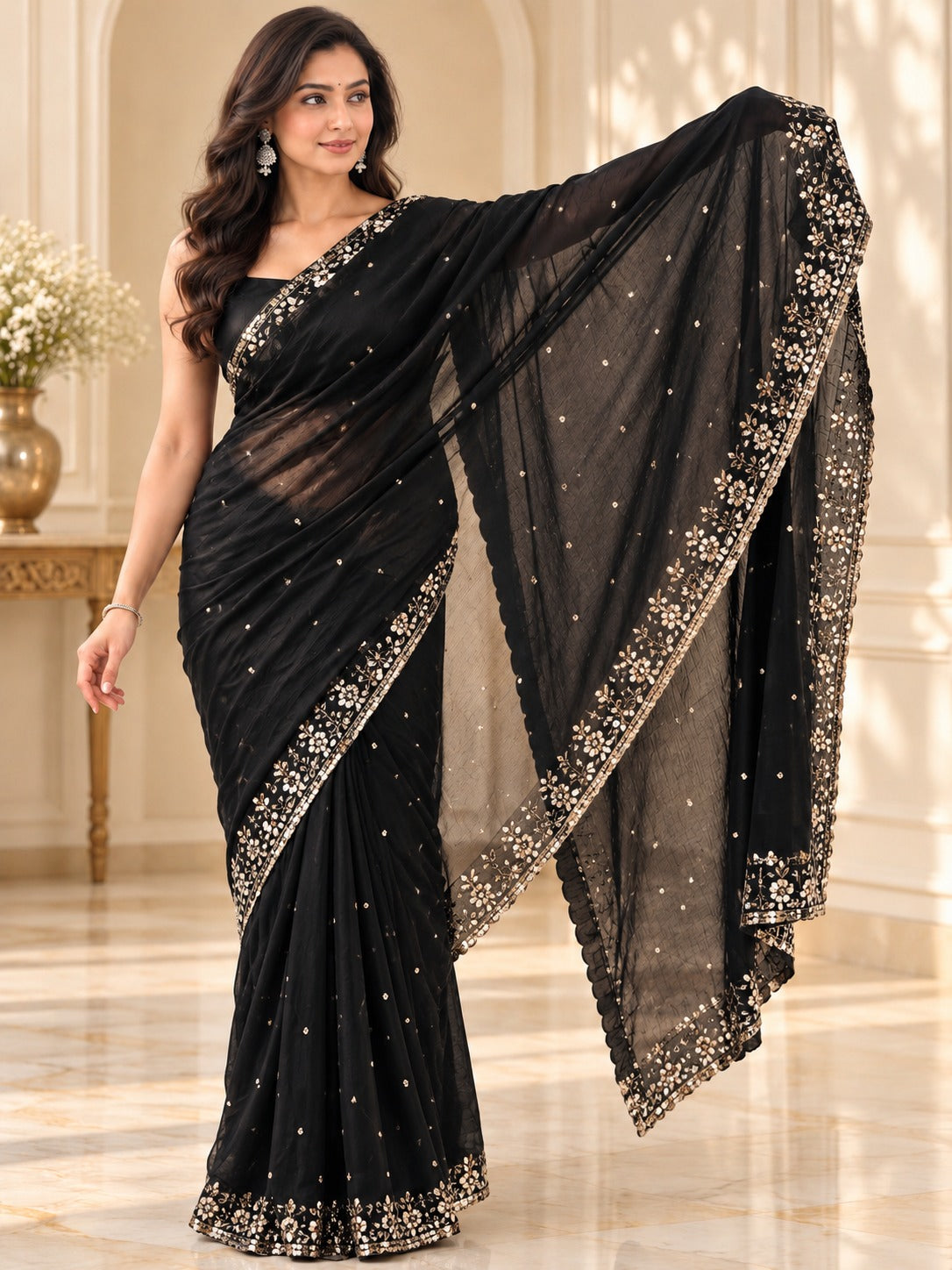 Boutique Chiffon Black Saree