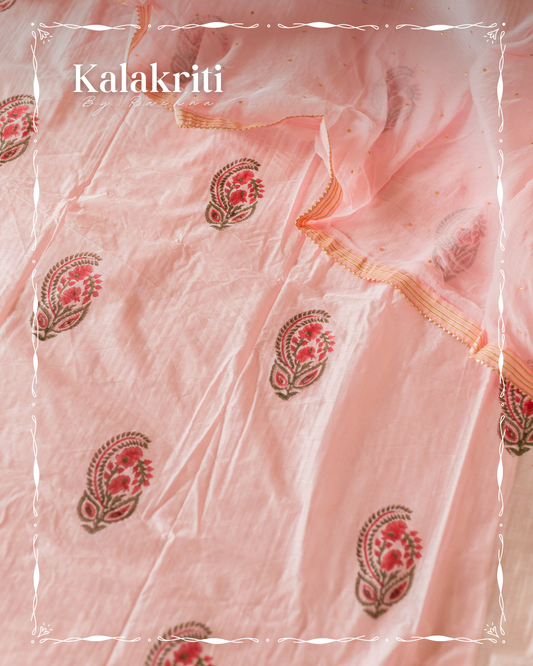Handblock Printed Baby Pink Chanderi Cotton Shirt with Floral Motif
