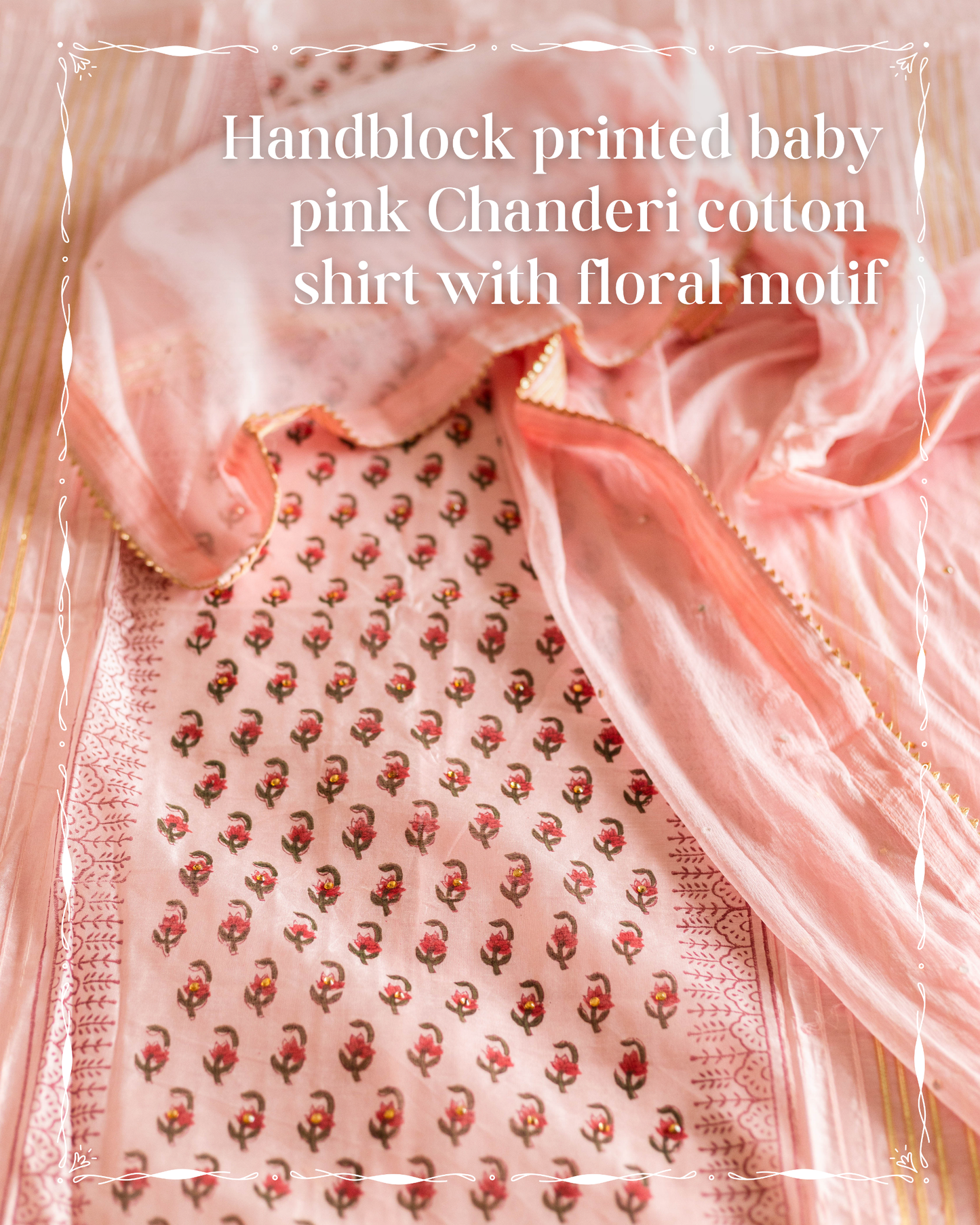 Handblock Printed Baby Pink Chanderi Cotton Shirt with Floral Motif