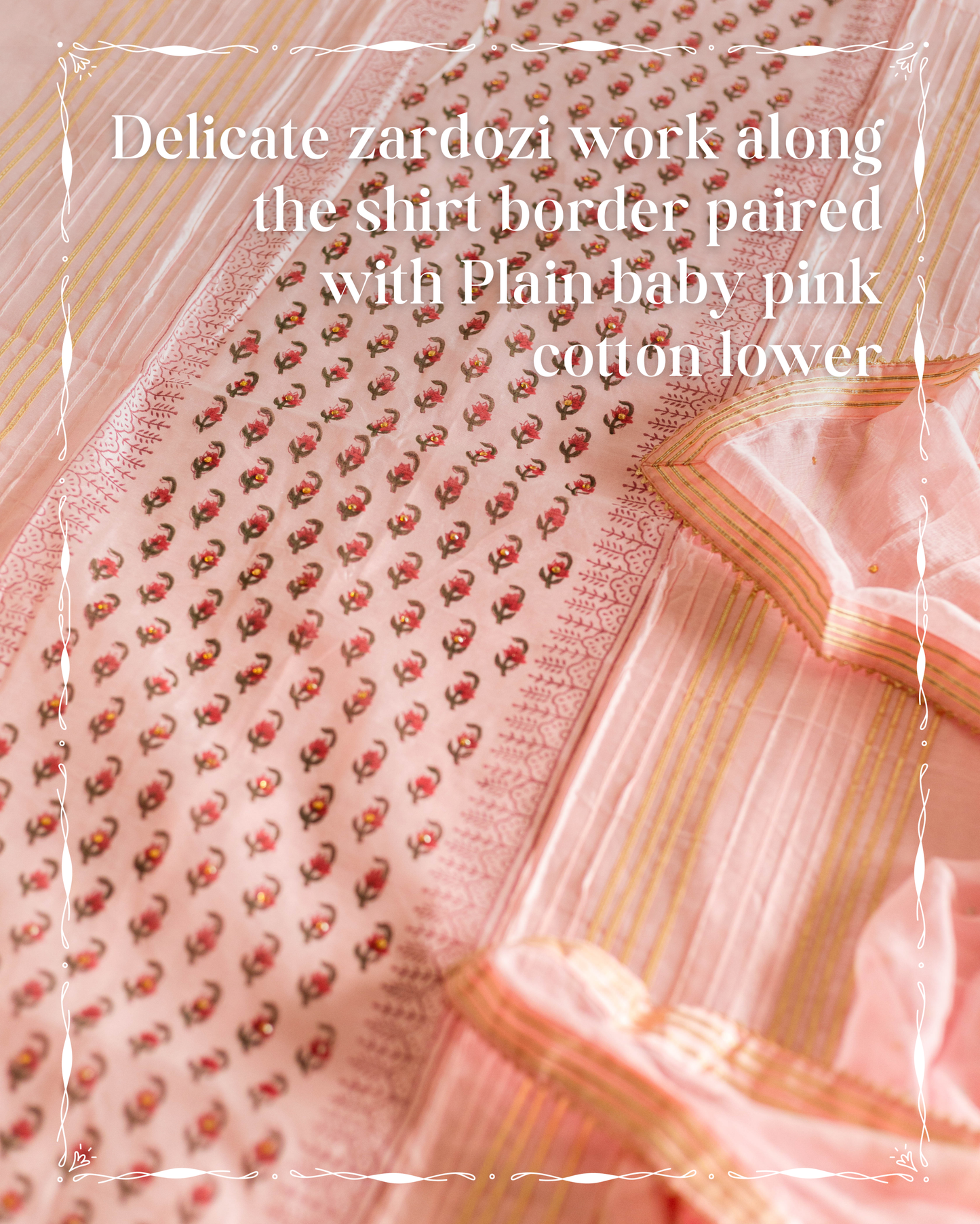 Handblock Printed Baby Pink Chanderi Cotton Shirt with Floral Motif