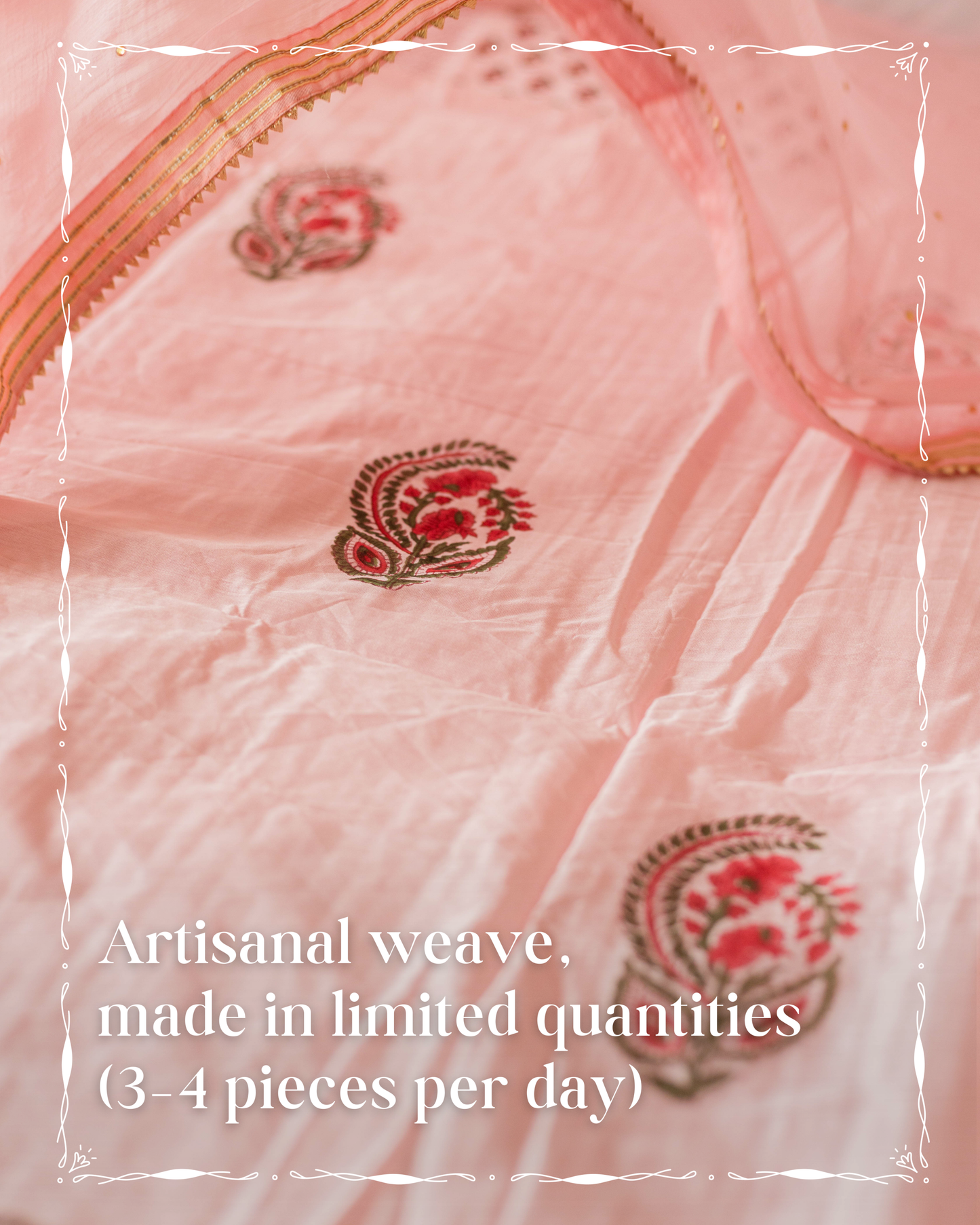 Handblock Printed Baby Pink Chanderi Cotton Shirt with Floral Motif