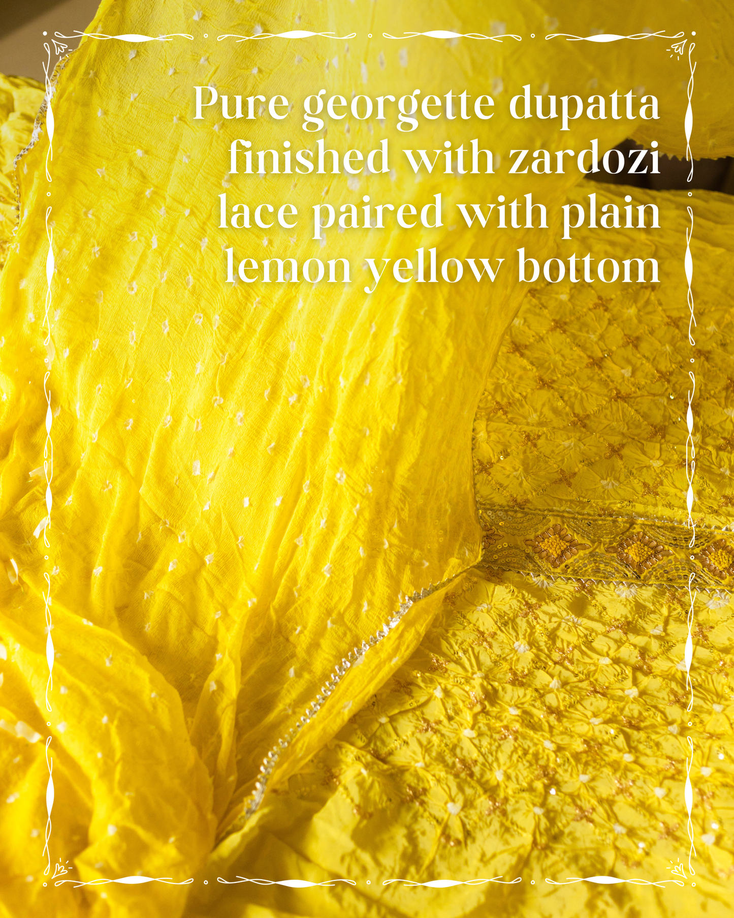 Pakistani silk suit piece in lemon yellow with a graceful crinkled texture