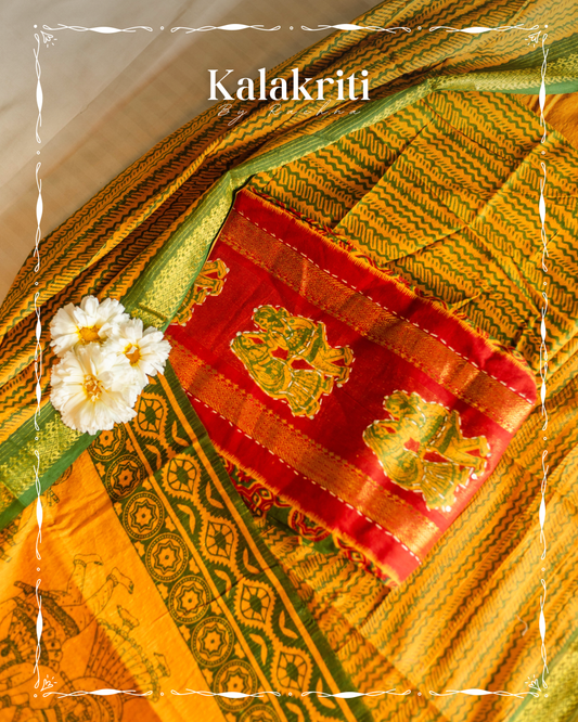 Pure handloom cotton Kalamkari set with rich artisanal detailing