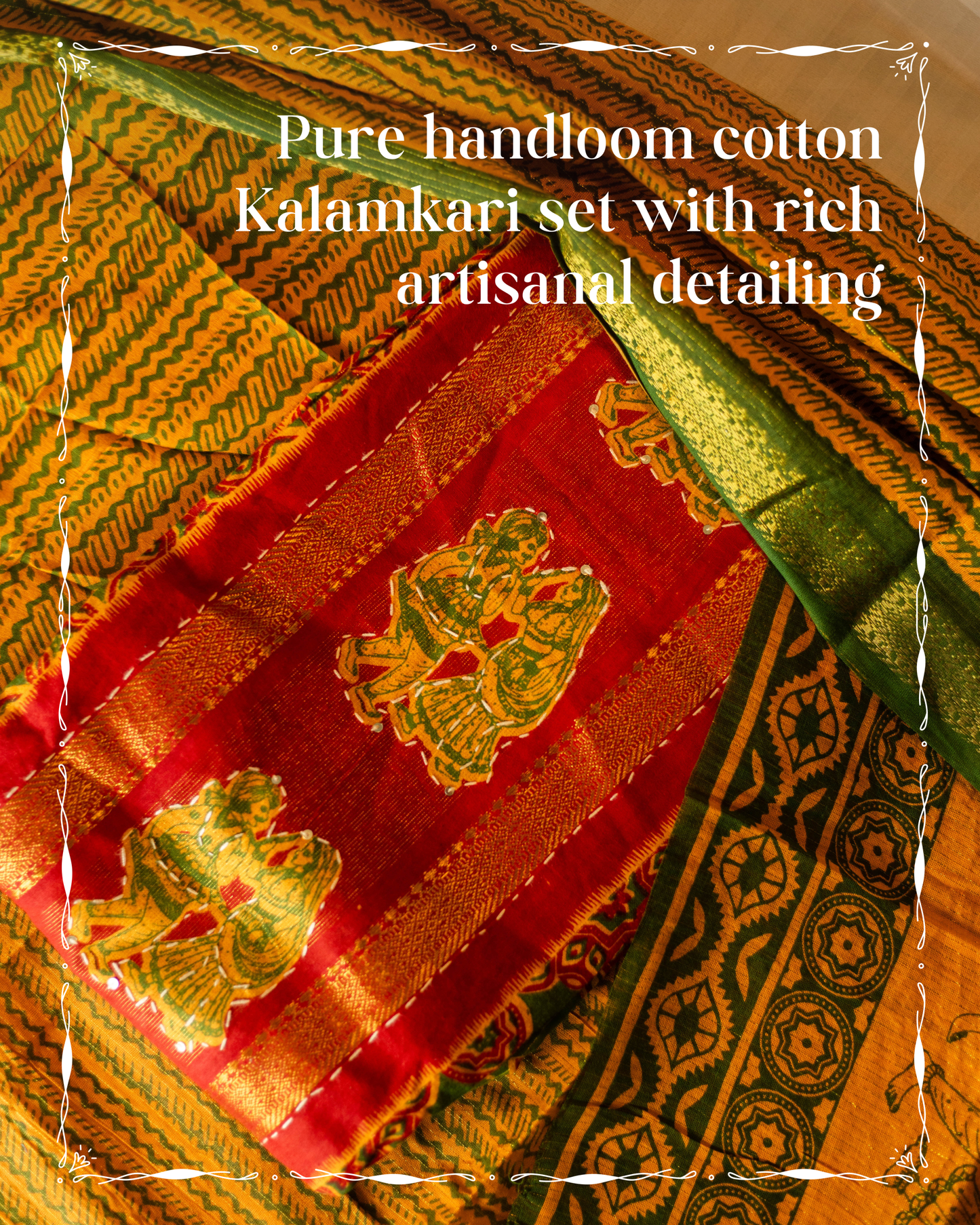 Pure handloom cotton Kalamkari set with rich artisanal detailing